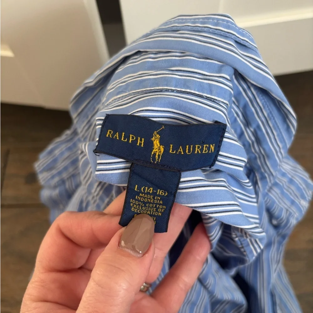 Ralph Lauren Boys Blue and White Striped Shirt Size Large 14-16 Preppy Classic